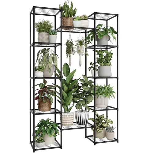 GENTINGBRO Metal Plant Stand Outdoor 62.2" Tall Plant Shelf for Plants 12 Pots Large Plant Sheves for Indoor Plants Living Room Heavy Duty Rack Garden Balcony Patio Hanging Planter