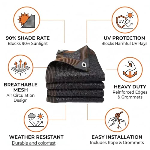 90% Black Shade Cloth, Mesh Tarp Sun Shade Cloth with Grommets(10 x 20 FT) - size: 10 x 20 FT