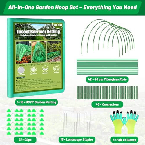 Garden Mesh Netting Kit, 7 Sets Garden Hoops with 10x30 ft Garden Covers - color: Green