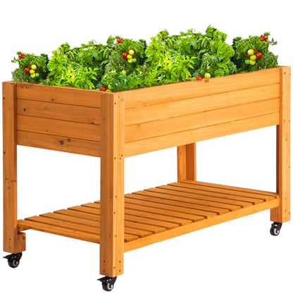 48x24x33 Raised Garden Bed with Wheels, Wood Elevated Planter Box, Natural