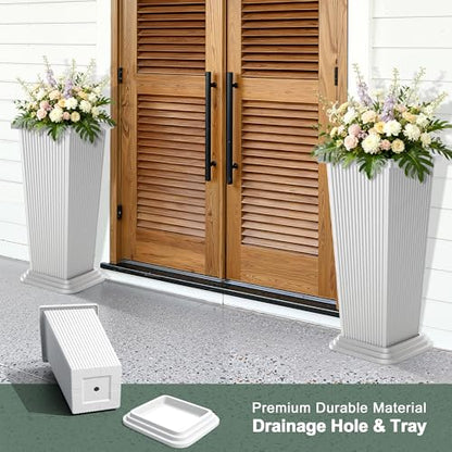 Plastic 24" Tall White Planters Outdoor Set of 2, Ribbed - color: White Ribbed