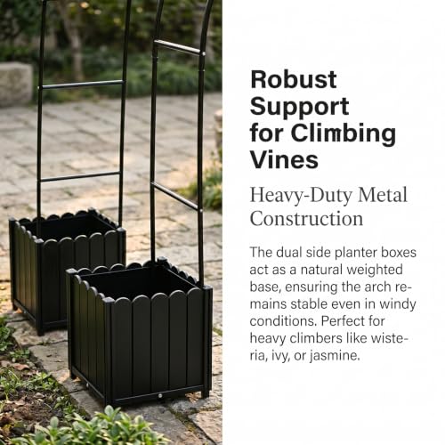 Raised Garden Bed with 3-in-1 Arch Trellis, & Black Plastic Planters