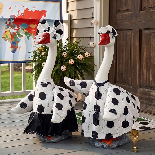 Football Goose Statue with 2 Outfits, 20 Inch Sports Goose Lawn Decor - color: White Football Fan Goose Statue Set