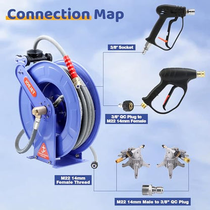 JOEJET Retractable Pressure Washer Hose Reel with Hose, 50 FT x 3/8"