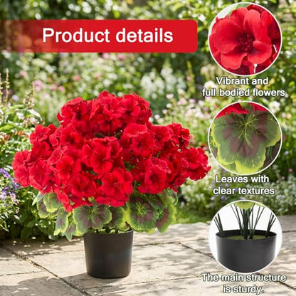 lovemoon 2 Pcs Geranium Potted Artificial Flowers, Red, 19" - color: Red