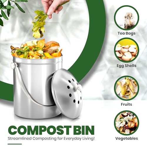 Utopia Kitchen Countertop Compost Bin 1.3 Gallon, Stainless Steel, Silver - color: Silver, size: 1.3 Gallon (Pack of 1)