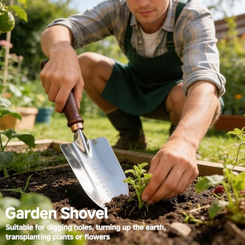 Garden Tools, 4 Pack Garden Shovel with Wooden Handles Hand Tools with Transplanting Hand Shovel, Rake and Root Picker Ideal for Digging and Planting