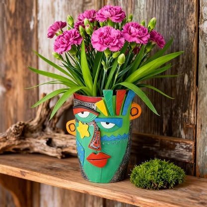 Abstract Face Planter Pot - 8inch Picasso Style Unique Plant Pots - color: Green
