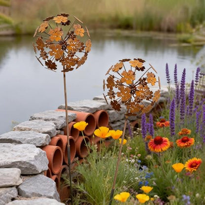 Rustic Dandelion Garden Stakes 2 Pack, 3D Rusty Metal Flowers Sculpture - color: Style 2