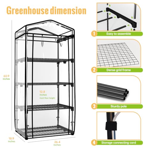 Indoor Greenhouse with Grow Light, 4-Tier Shelf, 26.4x19x61in