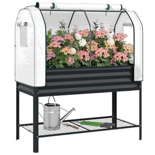 Outsunny Galvanised Raised Garden Bed with Greenhouse Cover, Black - color: Black