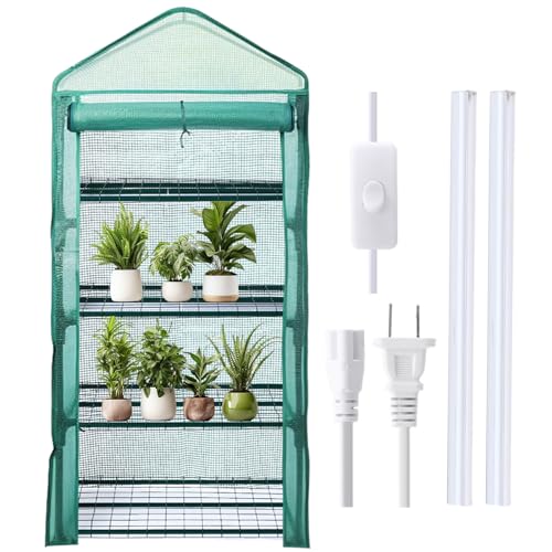 Baquler 4 Tier Mini Greenhouse Indoor Outdoor with 2 Grow Lights , 62'' H x 27'' L x 19'' W PE Cover Portable Winter Vented Greenhouse with Roll up Zipper Door Gardening Stand for Plant Seed Starting - color: Green