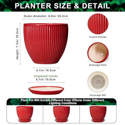 Ceramic Flower Pots 8 Inch, Ceramic Planters with Saucer, Red - color: Red, size: 8 Inch