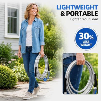 SPECILITE 25ft 304 Stainless Steel Metal Garden Hose with Blue Nozzle - color: Sliver, size: 25 ft