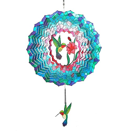 12" Hummingbird Hanging Wind Spinners, 3D Kinetic Metal Wind Spinner - color: Blue & Green