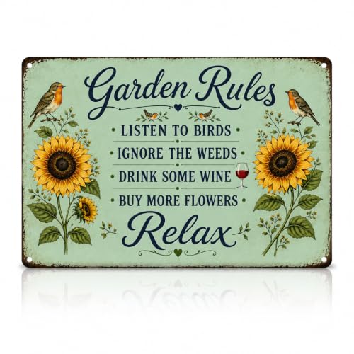 Garden Rules Sign for Garden Decor, Metal Outdoor Garden Sign with Sunflowers and Birds, Vintage Garden Wall Art for Patio Porch Yard Greenhouse She Shed Gifts - color: Garden Rules