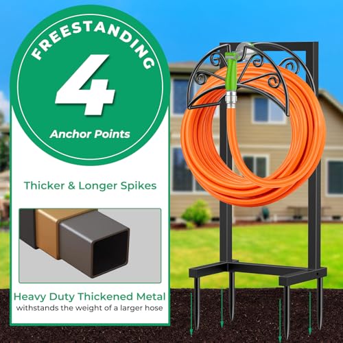 TomCare Garden Hose Holder, Heavy Duty Stand for 160FT Hose with 4 Spikes - color: Deep Black, size: 15.2″ W