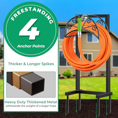 TomCare Garden Hose Holder, Heavy Duty Stand for 160FT Hose with 4 Spikes - color: Deep Black, size: 15.2″ W