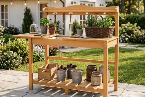 All-Weather HDPE Outdoor Potting Bench with Removable Sink, Expandable Gardening Work Station with Sliding Tabletop, Built-in Wheels, Heavy Duty Planting Table for Outside Patio, Brown