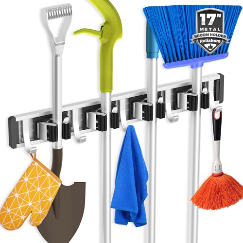 reliahom Broom Holder Wall Mount Mop Hanger Tools organizer 4Racks 5Hooks - color: Black