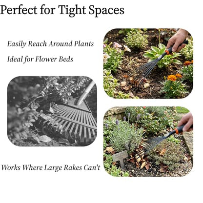 2 Pack Small Hand Rake for Gardening, Mini Leaf & Shrub Rake with Durable Steel Tines, Ergonomic Non-Slip Handle for Flower Beds, Lawn, Leaves & Yard Cleanup