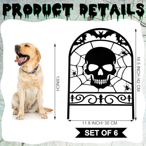 Yaocom 6 Pack Halloween Skull Fence, 16.5"H x 11.8"W Metal Graveyard Decor - style: Skull