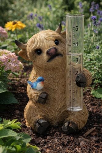 The Bridge Collection Highland Cow Rain Gauge – Charming Cow with Bird