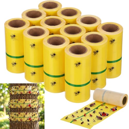 12 Rolls Spotted Lantern Fly Tree Trap 30 Feet Each Roll Lanternfly Tree Outdoor Fruit Fly Sticky Strips Paper Insect Sticky Barrier Trunk Wraps to Protect Plant, Lawn, Garden(Yellow and Green) - color: Yellow and Green