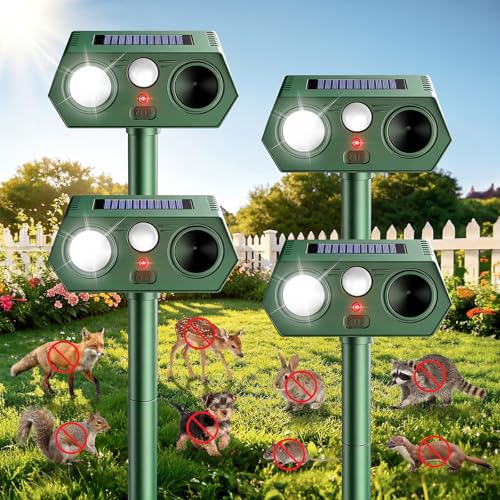 Solar Ultrasonic Animal Repeller, 2026 Upgraded Motion Sensor & Flash Light, IP65 Waterproof Outdoor Repellent for Deer, Cat, Squirrel, Rodent