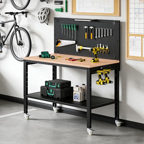 Antifir 48" Adjustable Garage Workbench with Under Shelf & Metal Pegboard - size: 48x24" Double Decked