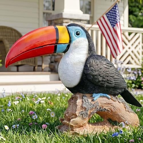 14" Toucan & Pelican Statues for Patio Decor, Tiki Bar Outdoor, Tree Decorations, Weather-Resistant Garden Sculptures, Perfect Yard Ornaments, Tropical Tiki Statues, Gift for Bird Lovers (Red) - color: Red Toucan