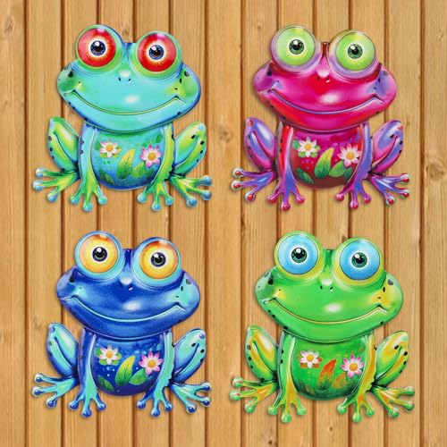 Junware Metal Frog Wall Decor, 4Pcs Frog Iron Wall Art Sculptures Art Frogs Wall Hanging Sculpture Decoration.Outdoor Fence Art for Home Garden, Fence, Patio, Yard, Bedroom Outside Gifts for Adults - color: Frog-B-4Pcs