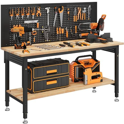 CAMMOO 60" Work Bench with Storage & Pegboard, 2000LBS Max Load, Storage Shelf & Power Strip