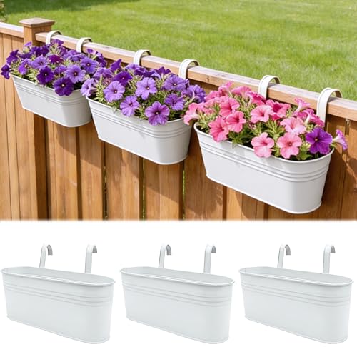 Metal Railing Planter Boxes 16 Inch, 3-Pack Adjustable Hanging Flower Pots for Balcony, Deck, Porch & Fence, Detachable Hook Design, White Heavy Duty Planters for Outdoor - color: White, size: 16 Inch