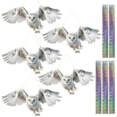 Flat Plastic Owl Scarer Hanging Device, 5 Pack Dual-Side Printed Owl with Reflective Tape and Bell for Garden Patio Farm Yard Window Porch, Outdoor Pigeon Woodpecker Scare Decoration, Not 3D - color: 5pcs-white-01