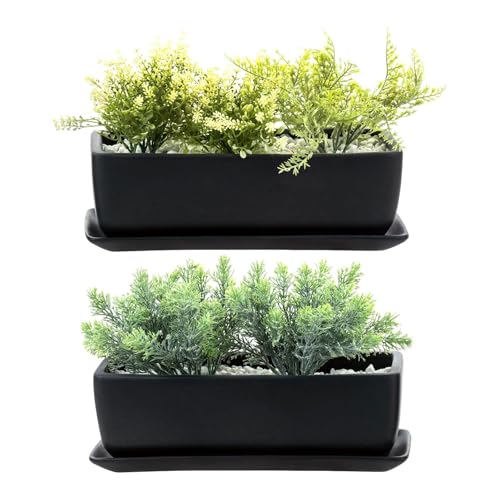MyGift Matte Black Ceramic Indoor Plant Pot Succulent Planter, Decorative Flower Planter with Drainage Hole and Removable Tray (14 inch - 2 Pack) - size: 14 inch - 2 Pack