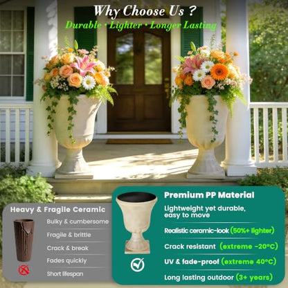 22" Tall Urn Planters Set of 2 Large Flower Pots, Antique Ivory - color: 22"-antique Ivory