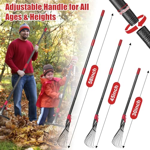 Adjustable Leaf Rake, 8"-17" Expandable Metal Garden Rake with 58" Adjustable Handle, Lightweight Collapsible Yard Rake for Leaves, Pine Needles, Flower Beds, Shrubs and Small Lawns - style: 58inch