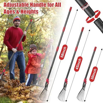 Adjustable Leaf Rake, 8"-17" Expandable Metal Garden Rake with 58" Adjustable Handle, Lightweight Collapsible Yard Rake for Leaves, Pine Needles, Flower Beds, Shrubs and Small Lawns - style: 58inch