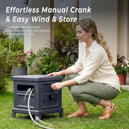 Garden Hose Reel Hideaway, Heavy Duty Metal Hose Reel Box Holds 125FT x 5/8" Hose, Steel Hose Storage Box with Manual Crank, Hose Guide and Leak-Proof Aluminum Connections, Stable 4-Leg Base - color: Dark Gray