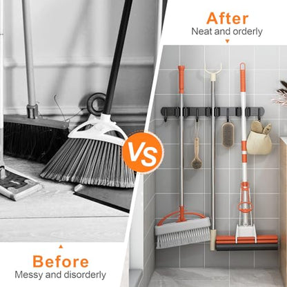 2 Pack Mop and Broom Holder Wall Mount for Kitchen Garden Garage Laundry - color: Black, size: 2 Pack 3 Racks with 4 Hooks