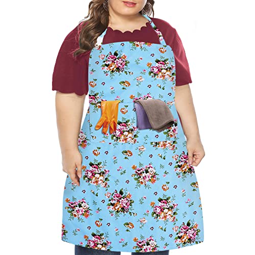 LOLOMLO Oversize Canvas Cotton Apron, Extra Large Aprons with Long Strap, Adjustable Neck Tear Resistant Plus Size aprons - color: Roses on Blue Canvas