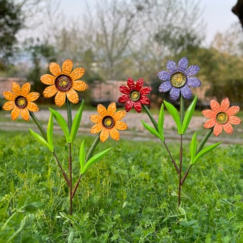 HUTHDAK Metal Flowers for Outside,2 Pack Large Colorful Decorative Garden Stakes Yard Art,Spring Garden Decor for Lawn, Pathway & Garden(21.9 * 12IN) - color: 2 Big Flowers（21.9inch）