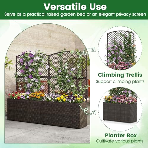 HAPPYGRILL PE Rattan Raised Garden Bed with Trellis & Privacy Screen - color: Brown