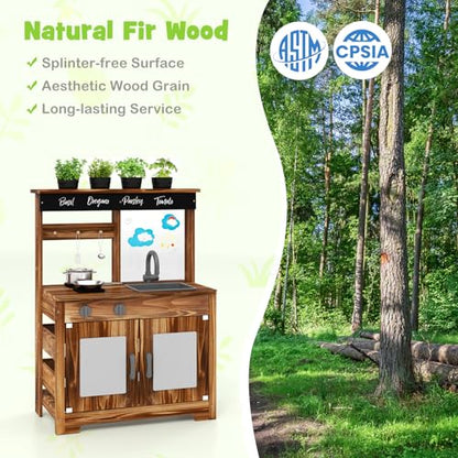 Costzon Mud Kitchen, Fir Wood Outdoor Play Kitchen w/ 4 Planting Pots - style: Planter Brown