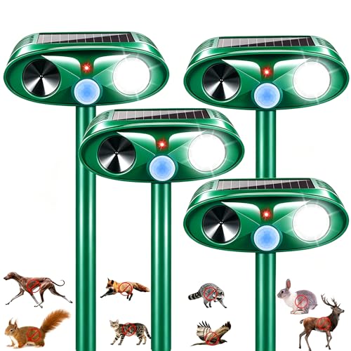 4 Pack Upgraded Sonic Fortress Pro Deer Repellent Cat Deterrent Outdoor Solar Ultrasonic Animal Repeller with Motion Sensor Strobe Light for Skunk Rabbit Raccoon Squirrel Fortress Pro for Yard Garden