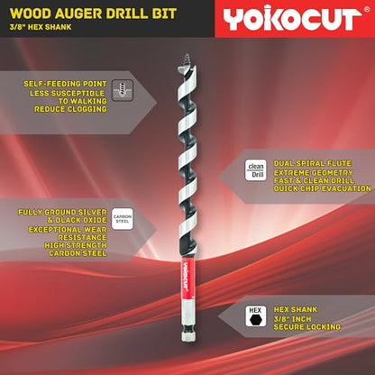 5/8" x 12" Auger Drill Bit for Wood, Hex Shank 3/8", 2-Flute, High Carbon Steel, Ship Auger Bit for Soft & Hard Wood, Plastic, Drywall, Tree Stump & Composite Materials - size: 5/8", style: Length: 12"