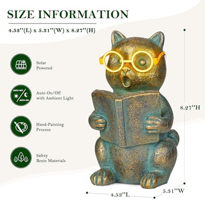 Solar Reading Cat Decor with Light-Up Glasses Patina Garden Statues - size: Cat