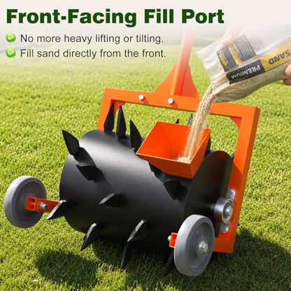 Heavy-Duty Push Lawn Aerator Roller with Steel Spikes for Compacted Soil - color: Orange