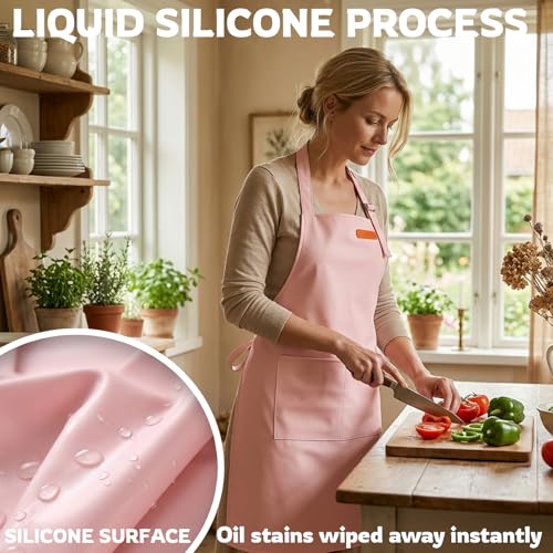 CAKETIME Colorful Aprons Made by Silicone Coated Polyester Fabric Waterproof Oilproof for Women Cooking Funny Gifts - color: Pink